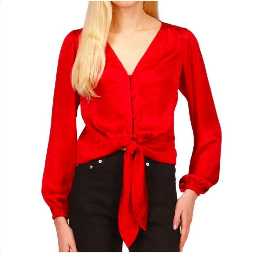 Michael Kors Bright Red satin animal print v-neck tie front blouse top womens L